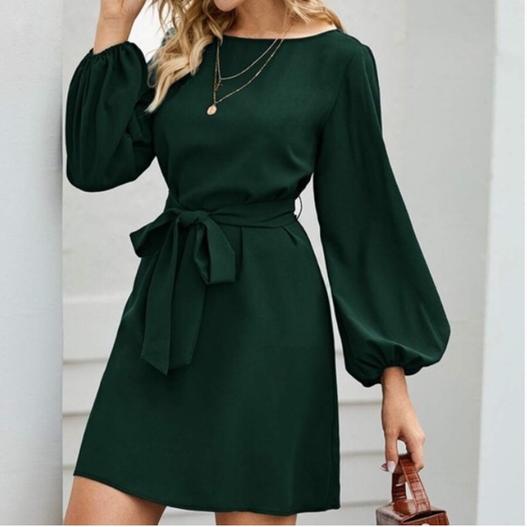 lantern long sleeve belted mini dress - Picture 2 of 14